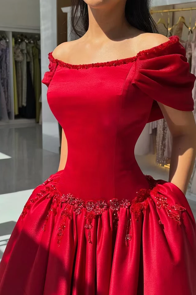 Graceful Red Off The Shoulder Satin Prom Dresses A-Line With Beads Pleats