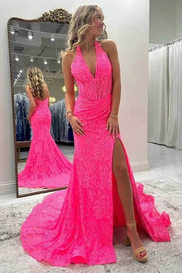 Timeless Fuchsia V-Neck Halter Sleeveless Lace Prom Dresses Mermaid Zipper With High Split