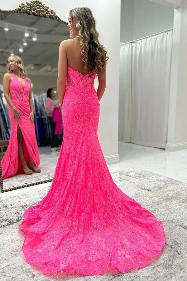 Timeless Fuchsia V-Neck Halter Sleeveless Lace Prom Dresses Mermaid Zipper With High Split