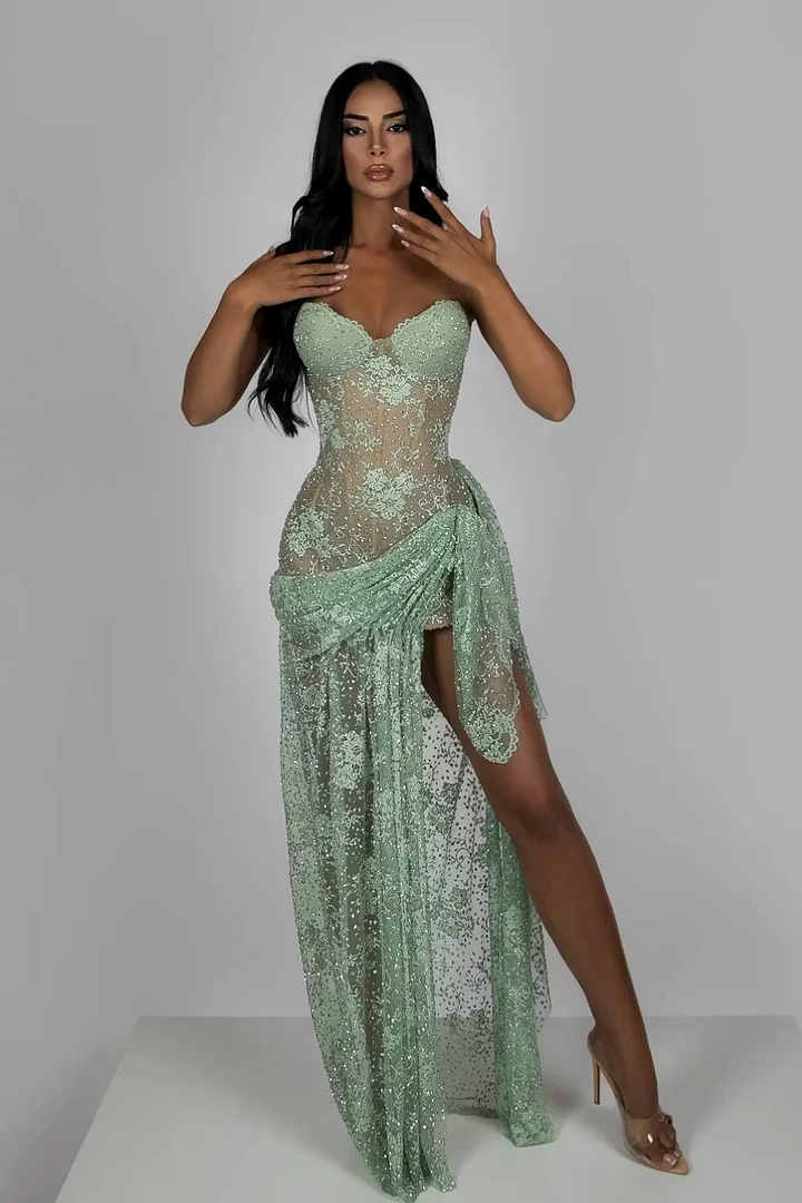 Dazzling Green Sweetheart Strapless Sleeveless Mermaid Prom Dresses High Split With Lace-Up Back