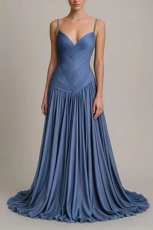 Timeless Blue V-Neck Spaghetti-Straps Sleeveless Prom Dresses A-Line Pleats With Lace-Up Back