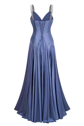 Timeless Blue V-Neck Spaghetti-Straps Sleeveless Prom Dresses A-Line Pleats With Lace-Up Back