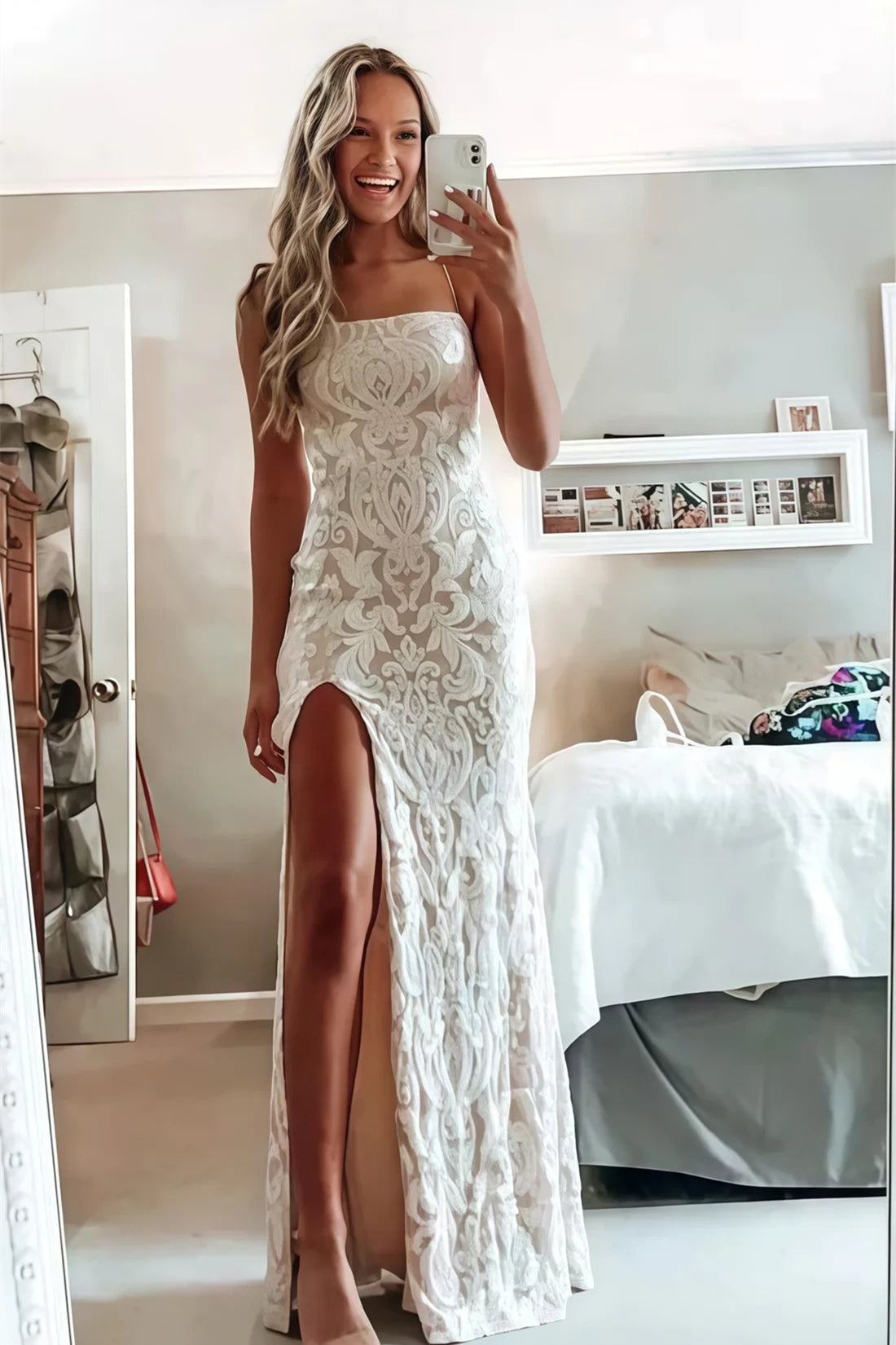 Timeless Spaghetti-Straps Sleeveless Mermaid Prom Dresses Column With High Split