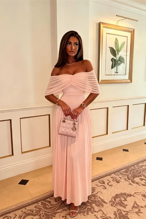Romantic Pink Off The Shoulder Chiffon Prom Dresses Long With Pleats Zipper