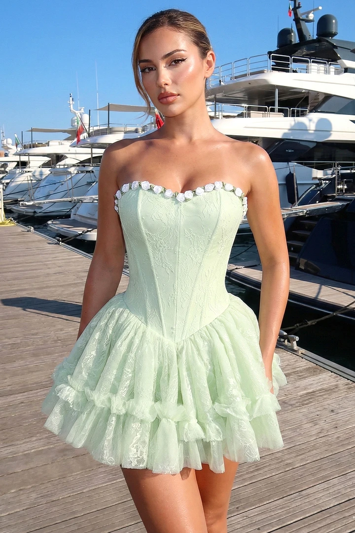 Timeless Light Mint Green Sweetheart Strapless Sleeveless Lace Homecoming Dresses Mini With Pleats
