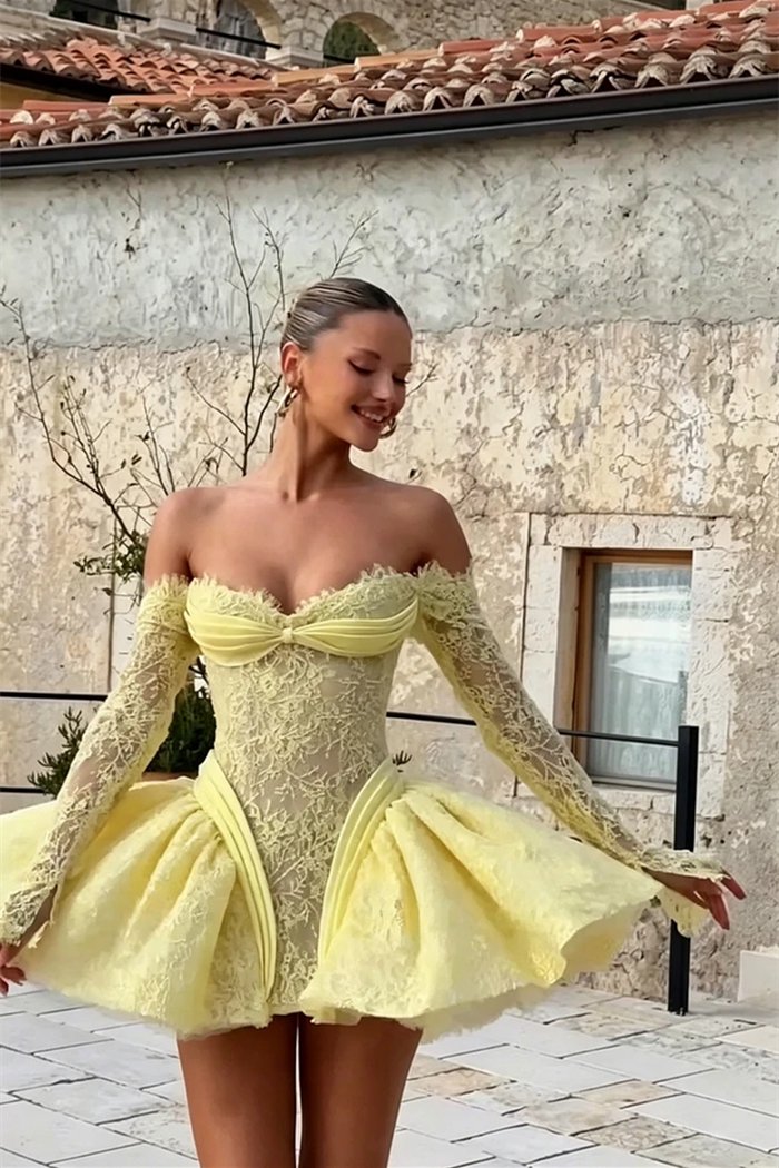 long sleeve homecoming dresses Timeless Daffodil Sweetheart Sleeves Lace Mini Green Size:(FR)34 MTO PLP Customize Bridesmaid Dresses to Short/Mini
