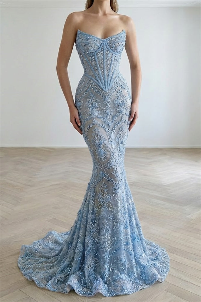 Timeless Sky Blue Sweetheart Strapless Sleeveless Mermaid Prom Dresses Beads With Lace-Up Back