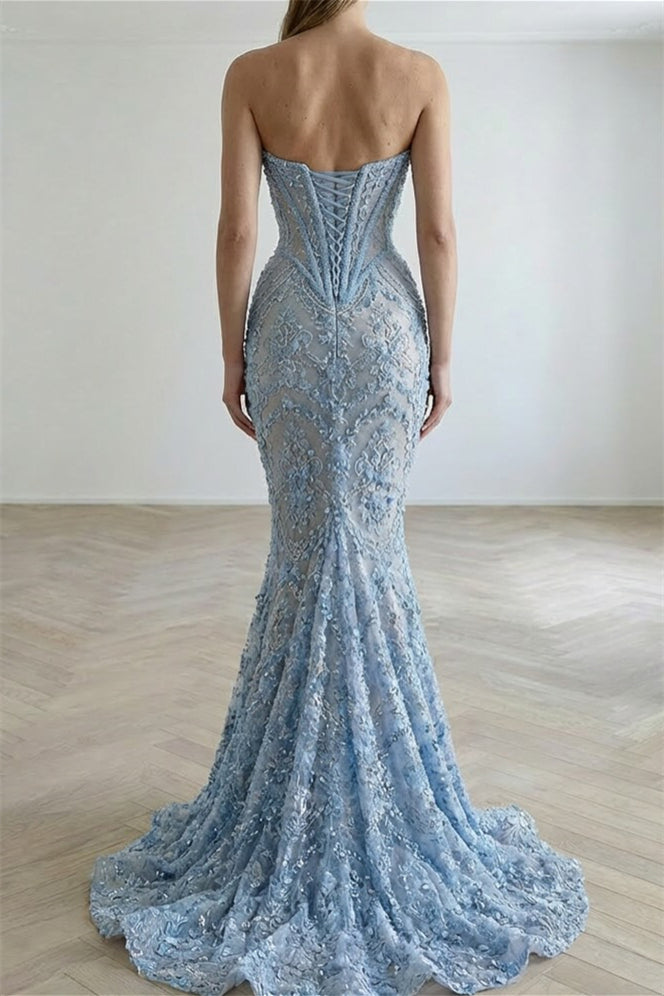 Timeless Sky Blue Sweetheart Strapless Sleeveless Mermaid Prom Dresses Beads With Lace-Up Back