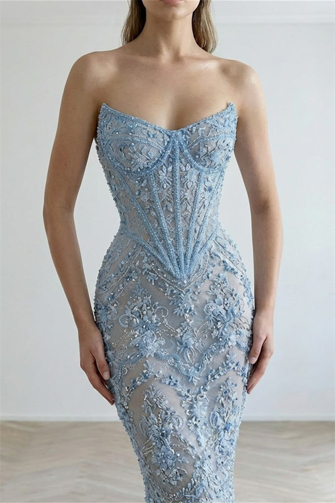 Timeless Sky Blue Sweetheart Strapless Sleeveless Mermaid Prom Dresses Beads With Lace-Up Back