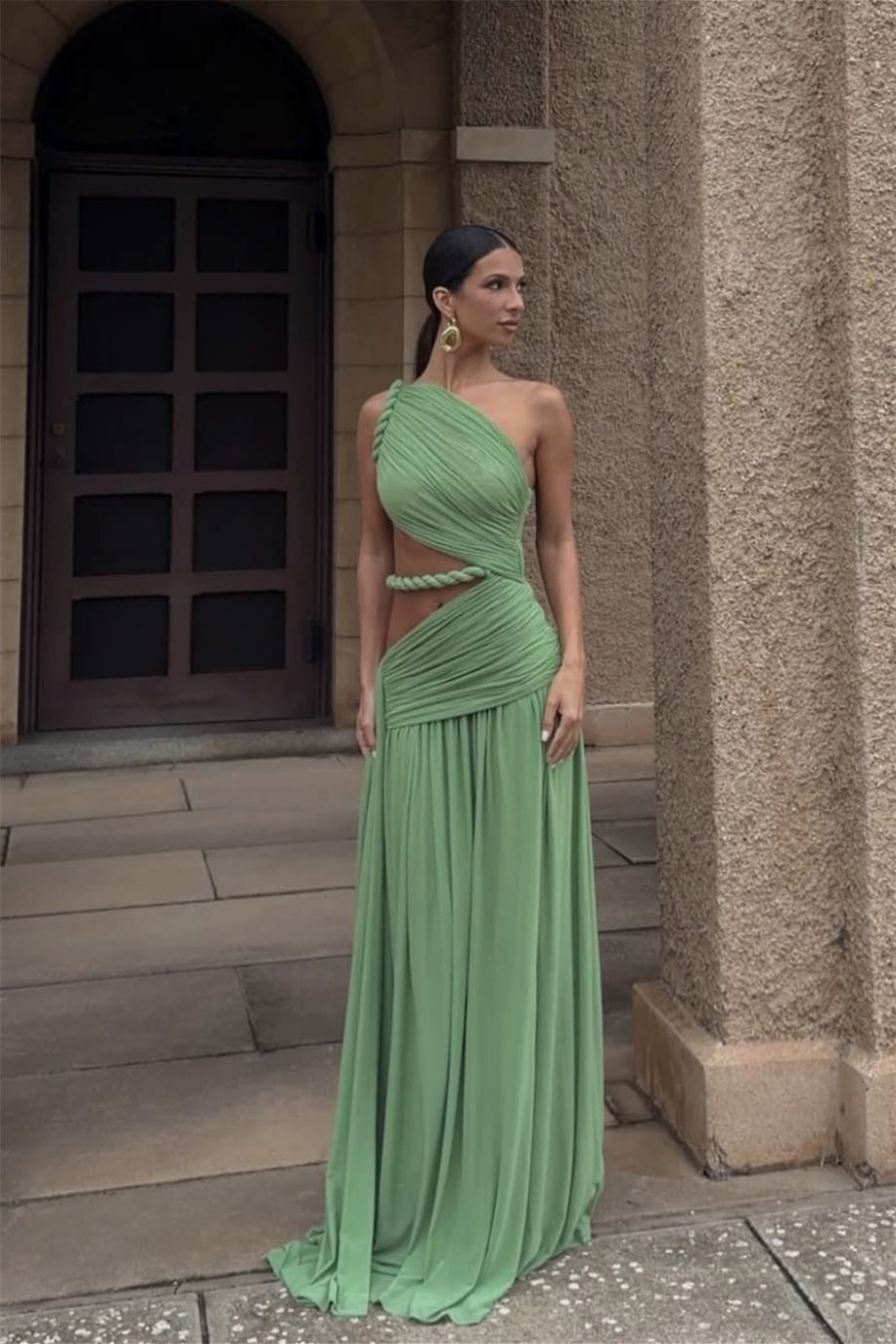 Glamorous Green One Shoulder Sleeveless Chiffon Prom Dresses Floor Length With Pleats