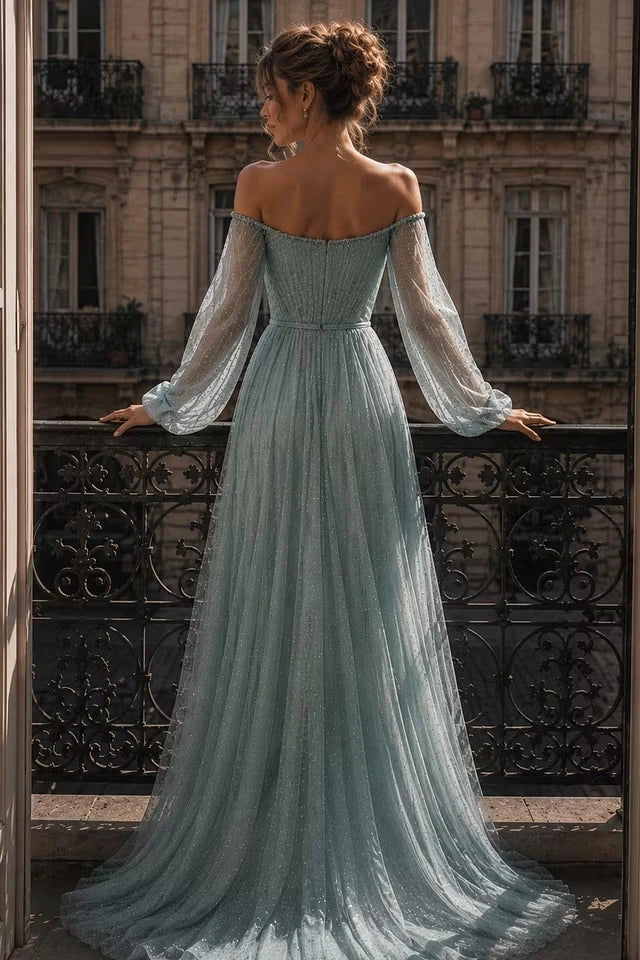 Graceful Dusty Blue Off The Shoulder Long Sleeves Prom Dresses A-Line Gem With Zipper Pleats