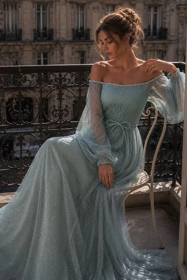 Graceful Dusty Blue Off The Shoulder Long Sleeves Prom Dresses A-Line Gem With Zipper Pleats