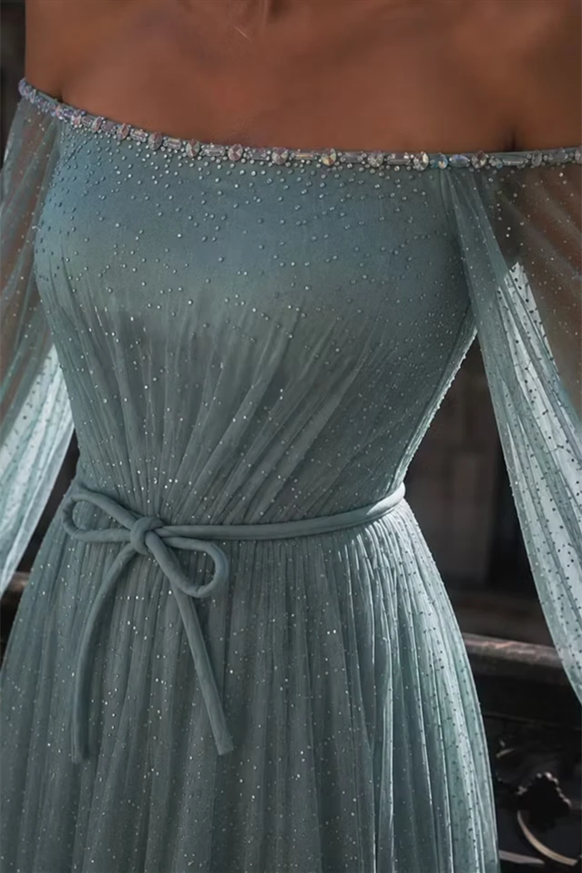 Graceful Dusty Blue Off The Shoulder Long Sleeves Prom Dresses A-Line Gem With Zipper Pleats