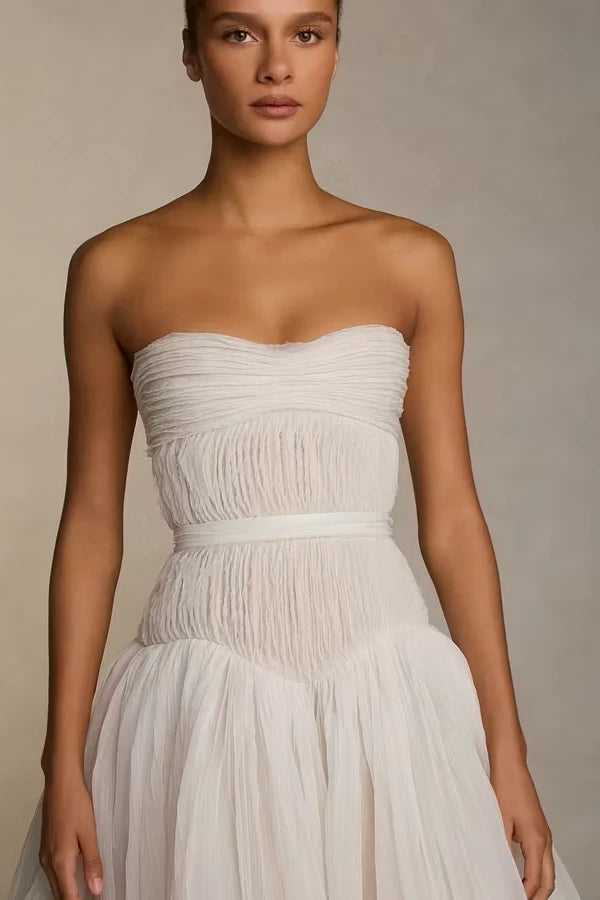 Luxurious Strapless Sleeveless Tulle Prom Dresses A-Line With Pleats