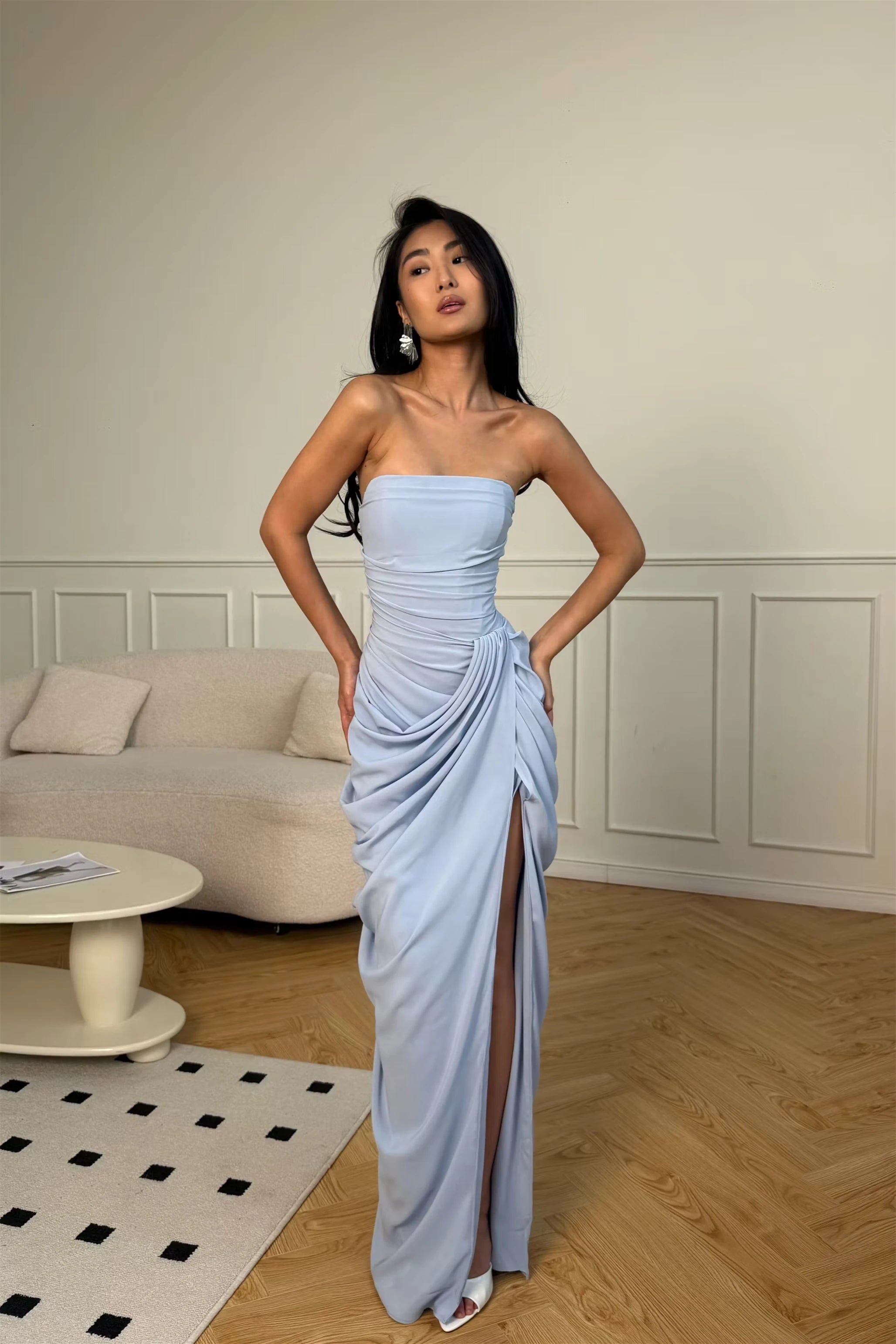Graceful Dusty Blue Strapless Sleeveless Mermaid Satin Prom Dresses High Split With Lace-Up Back