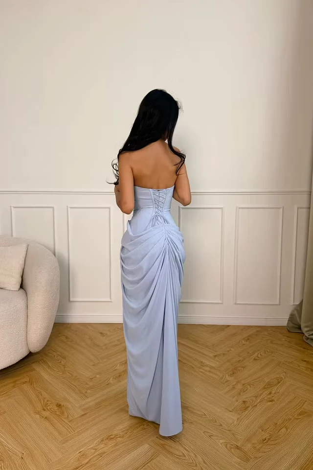 Graceful Dusty Blue Strapless Sleeveless Mermaid Satin Prom Dresses High Split With Lace-Up Back