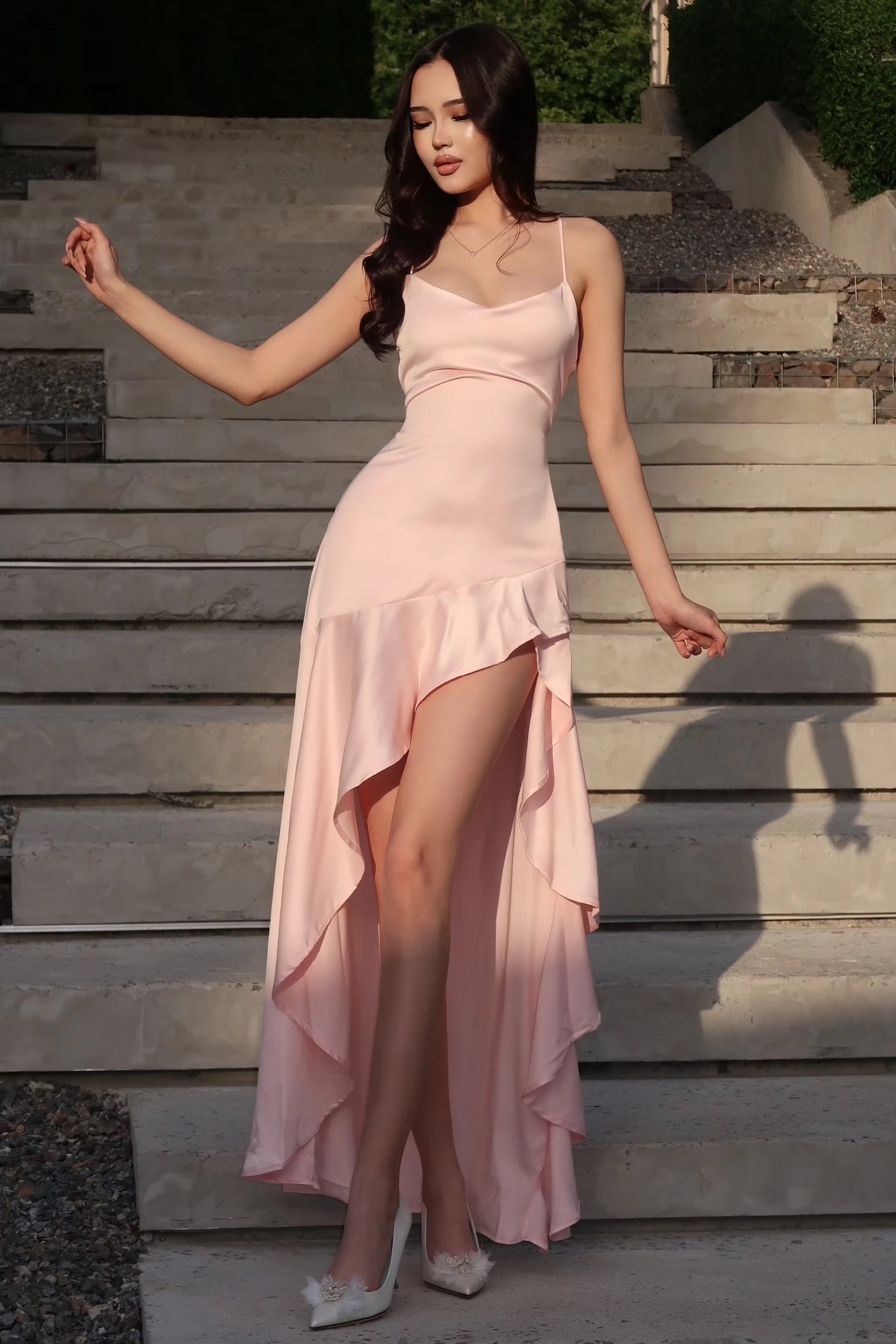 Timeless Pink Spaghetti-Straps Sleeveless Satin Prom Dresses Hi-Lo With Lace-Up Back