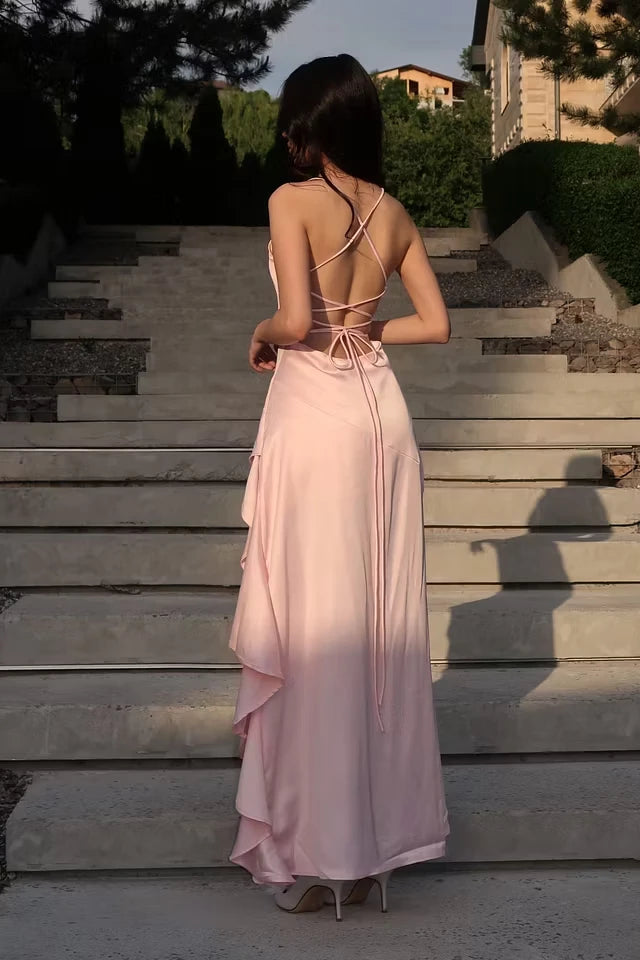 Timeless Pink Spaghetti-Straps Sleeveless Satin Prom Dresses Hi-Lo With Lace-Up Back