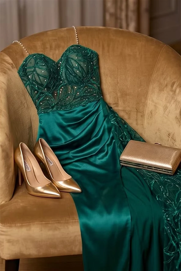 Graceful Green Sweetheart Spaghetti-Straps Sleeveless Satin Prom Dresses High Split Gem With Zipper