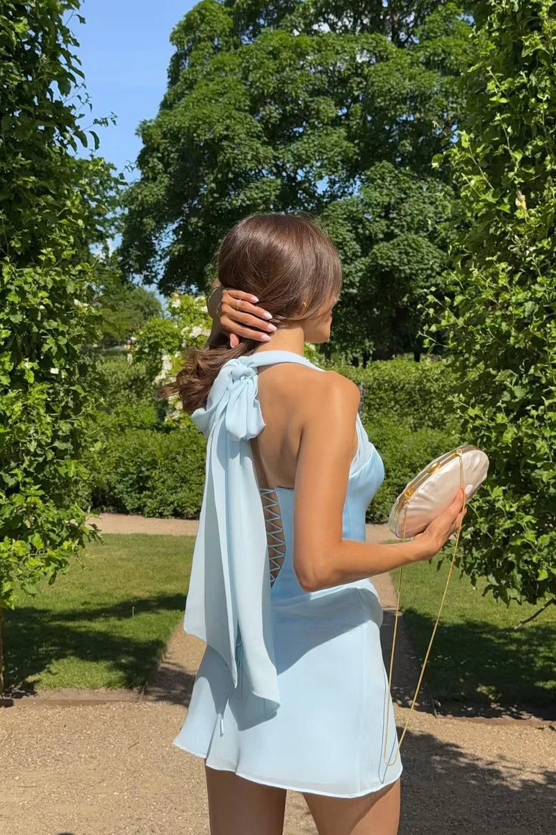 Romantic Sky Blue Halter Sleeveless Satin Homecoming Dresses Mini Zipper With Lace-Up Back