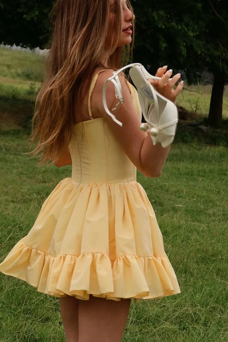 Timeless Daffodil Spaghetti-Straps Sleeveless Homecoming Dresses Mini With Zipper Pleats
