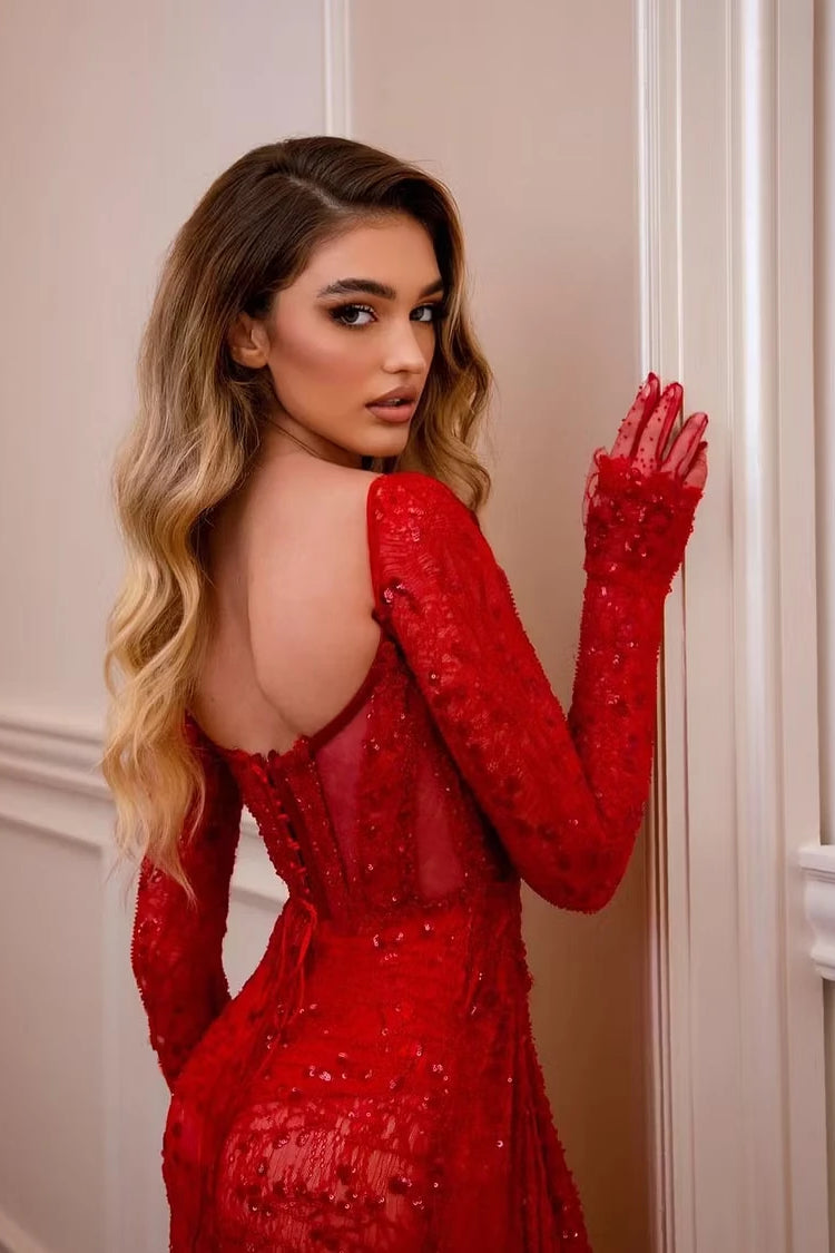 Graceful Red Long Sleeves Prom Dresses High Split With Lace-Up Back