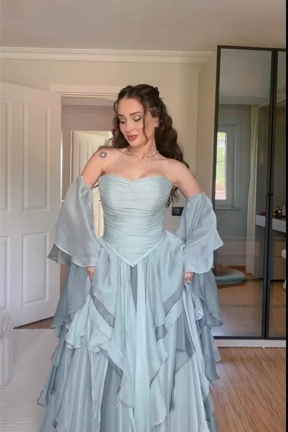 Graceful Dusty Blue Sweetheart Strapless Chiffon Prom Dresses A-Line With Lace-Up Back