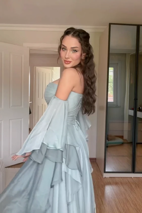 Graceful Dusty Blue Sweetheart Strapless Chiffon Prom Dresses A-Line With Lace-Up Back