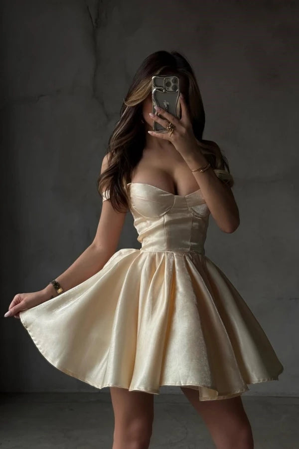Timeless Sweetheart Off The Shoulder Satin Homecoming Dresses Mini With Lace-Up Back