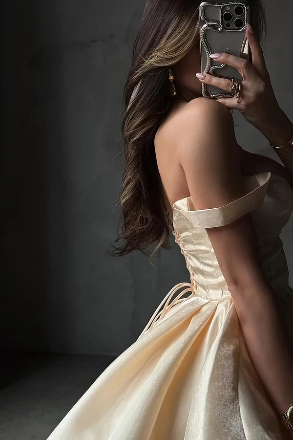Timeless Sweetheart Off The Shoulder Satin Homecoming Dresses Mini With Lace-Up Back