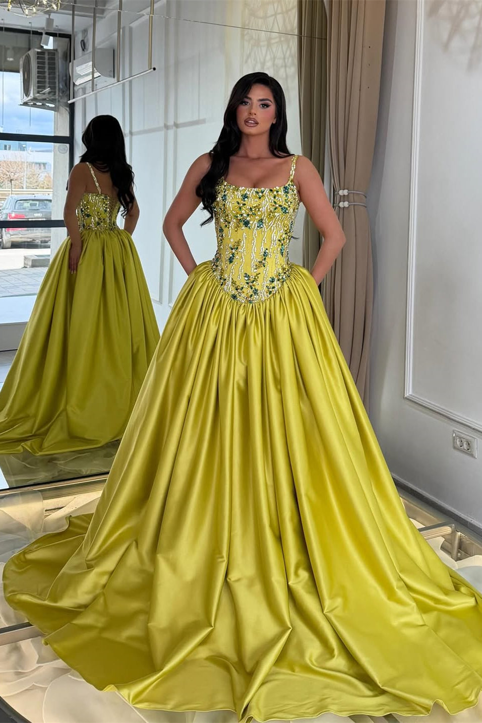 Graceful Spaghetti-Straps Sleeveless Satin Prom Dresses A-Line Gem With Lace-Up Back
