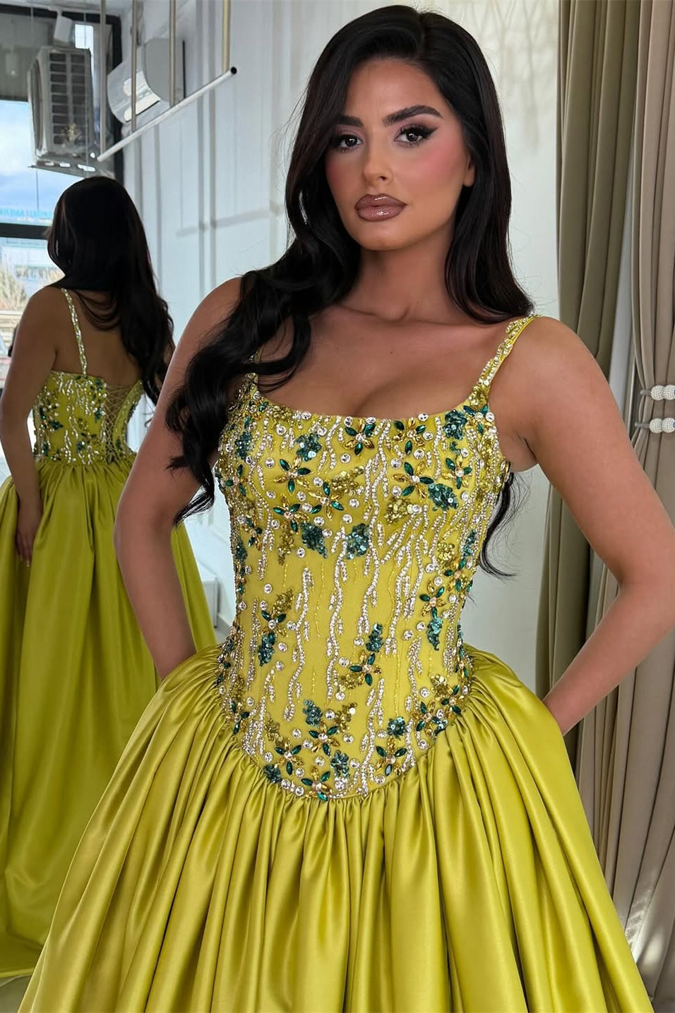 Graceful Spaghetti-Straps Sleeveless Satin Prom Dresses A-Line Gem With Lace-Up Back