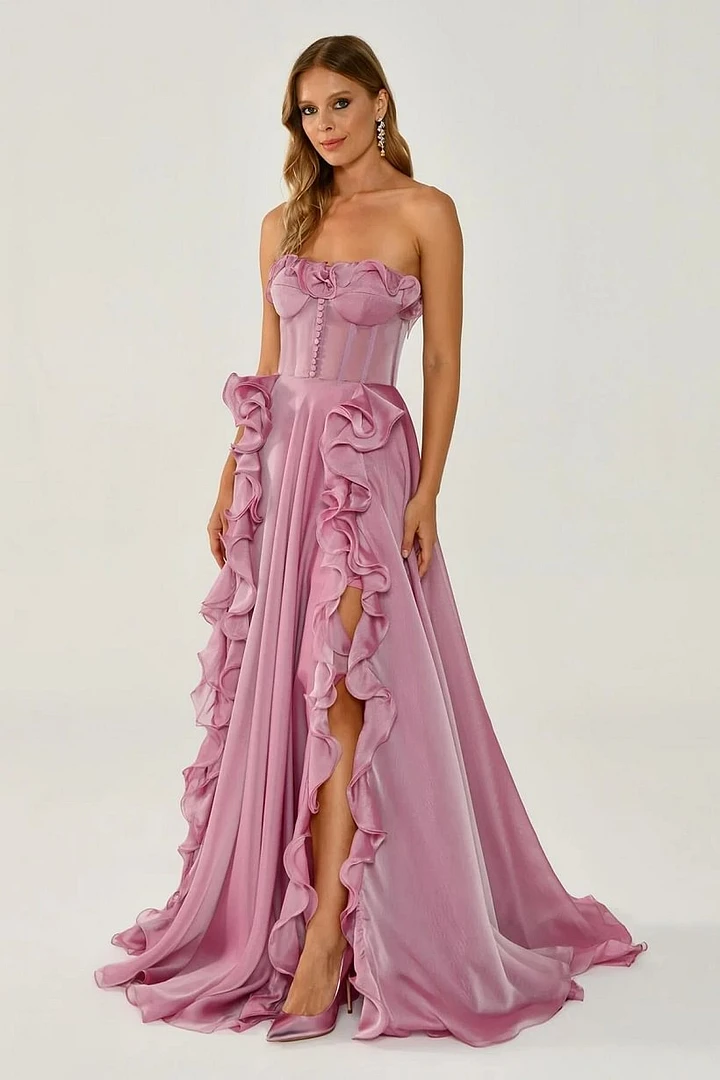 Graceful Strapless Sleeveless A-Line Prom Dresses High Split With Lace-Up Back