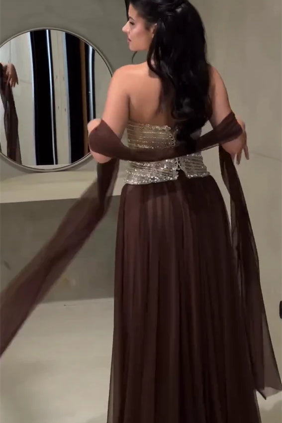 Graceful Brown Sweetheart Strapless Sleeveless Chiffon Prom Dresses Gem With Lace-Up Back