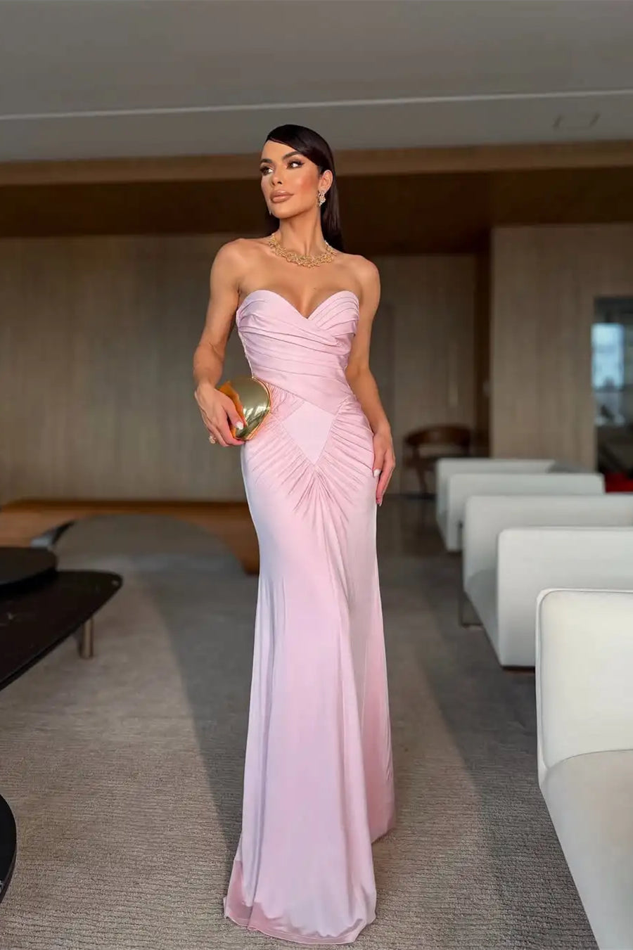 Luxurious Pink Sweetheart Strapless Sleeveless Satin Mermaid Prom Dresses Column With Zipper