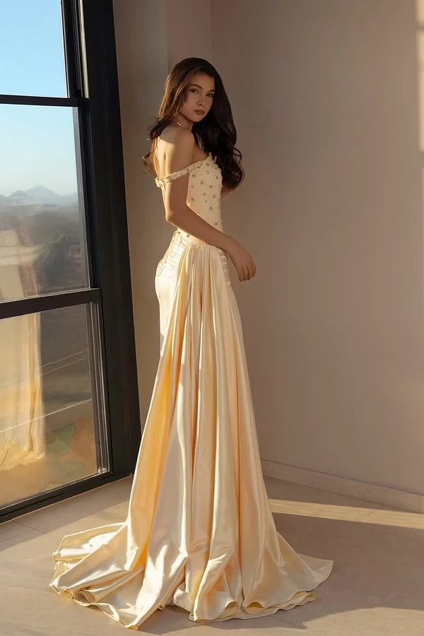 Graceful Champagne Off The Shoulder Satin Mermaid Prom Dresses Sheath Gem With Pleats