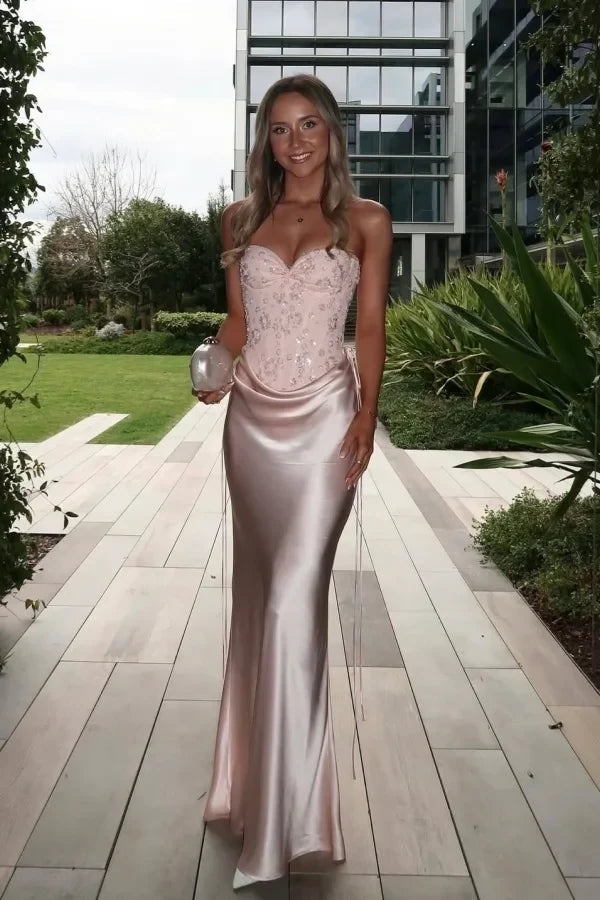 Graceful Dusty Pink Sweetheart Strapless Sleeveless Satin Wedding dresses Column With Lace-Up Back