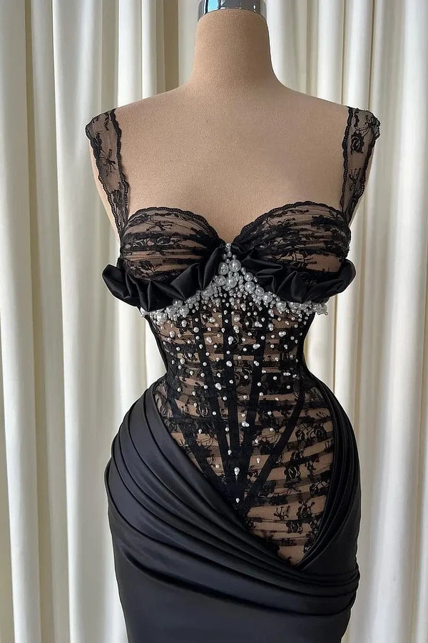 Romantic Black Straps Sweetheart Sleeveless Mermaid Lace Satin Wedding dresses Pearls With Pleats
