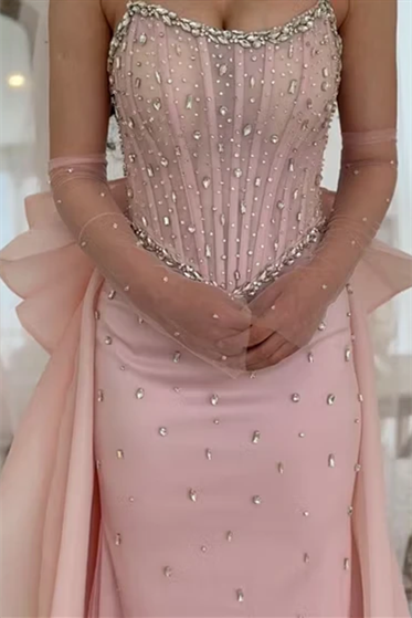 Dazzling Dusty Rose Strapless Sleeveless Mermaid Wedding dresses Gem Sheath With Lace-Up Back