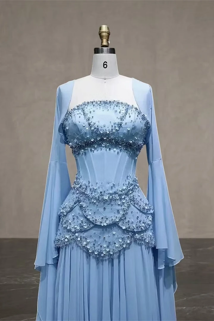 Romantic Blue Long Sleeves Chiffon Wedding dresses Floor Length With Beading Pleats