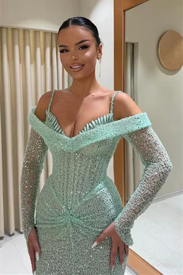 Elegant Mint Green Long Sleeves Spaghetti-Straps Mermaid Wedding dresses Column With Pleats
