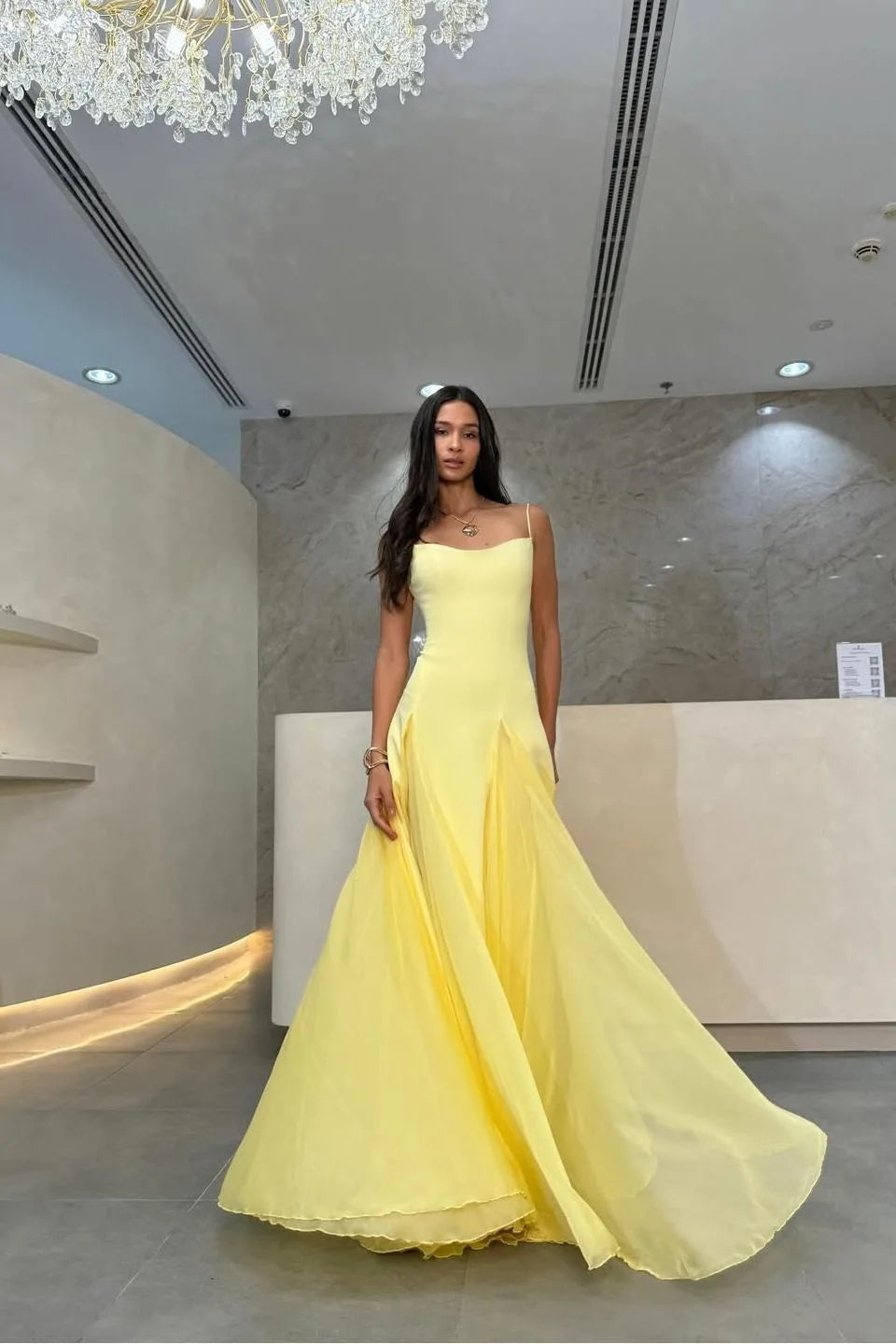 Glamorous Yellow Spaghetti-Straps Sleeveless Wedding dresses Floor Length With Pleats