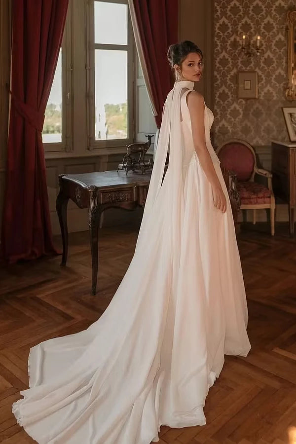 Elegant Straps Sleeveless Satin Wedding dresses Beading Long With Pleats