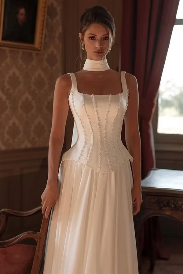 Elegant Straps Sleeveless Satin Wedding dresses Beading Long With Pleats