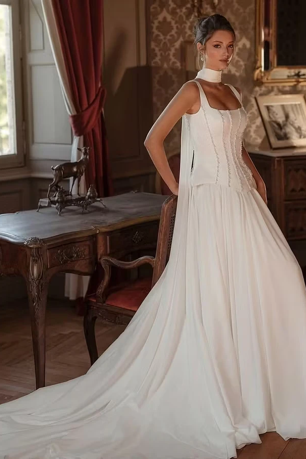 Elegant Straps Sleeveless Satin Wedding dresses Beading Long With Pleats