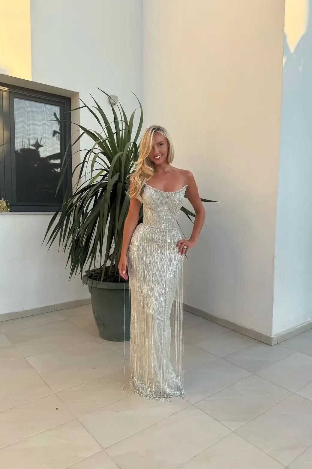 Dazzling Silver Strapless Sleeveless Mermaid Wedding dresses Floor Length With Tassel