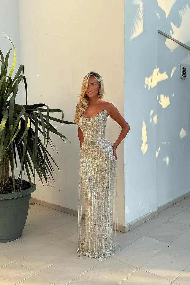 Dazzling Silver Strapless Sleeveless Mermaid Wedding dresses Floor Length With Tassel