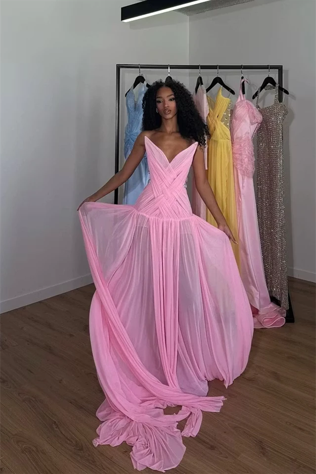 Glamorous Pink Strapless Sleeveless Chiffon Wedding dresses Gem Pleats With Lace-Up Back