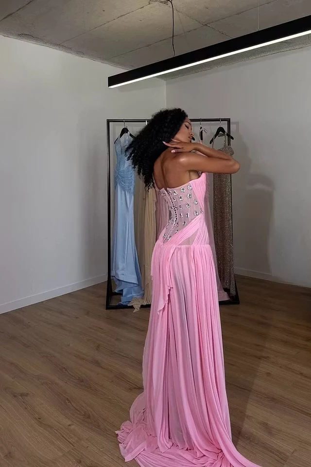 Glamorous Pink Strapless Sleeveless Chiffon Wedding dresses Gem Pleats With Lace-Up Back