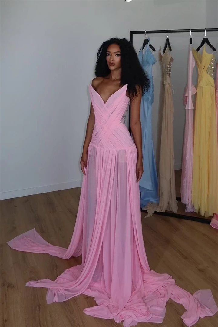 Glamorous Pink Strapless Sleeveless Chiffon Wedding dresses Gem Pleats With Lace-Up Back